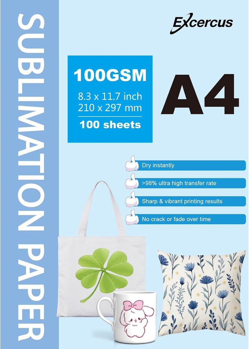 EXCERCUS Sublimation Paper Compatible with Brother EPSON SAWGRASS RICOH Sublimation Printer (A4 210x297mm 100 Sheets 100gsm) - Image 1